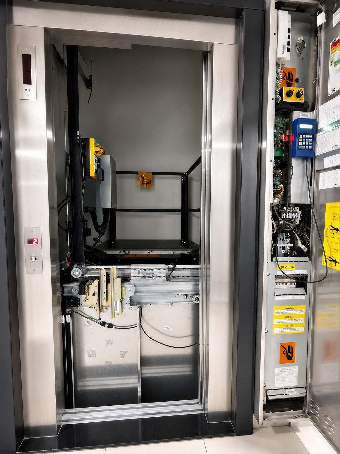 Elevador aberto com componentes internos e painel técnico expostos