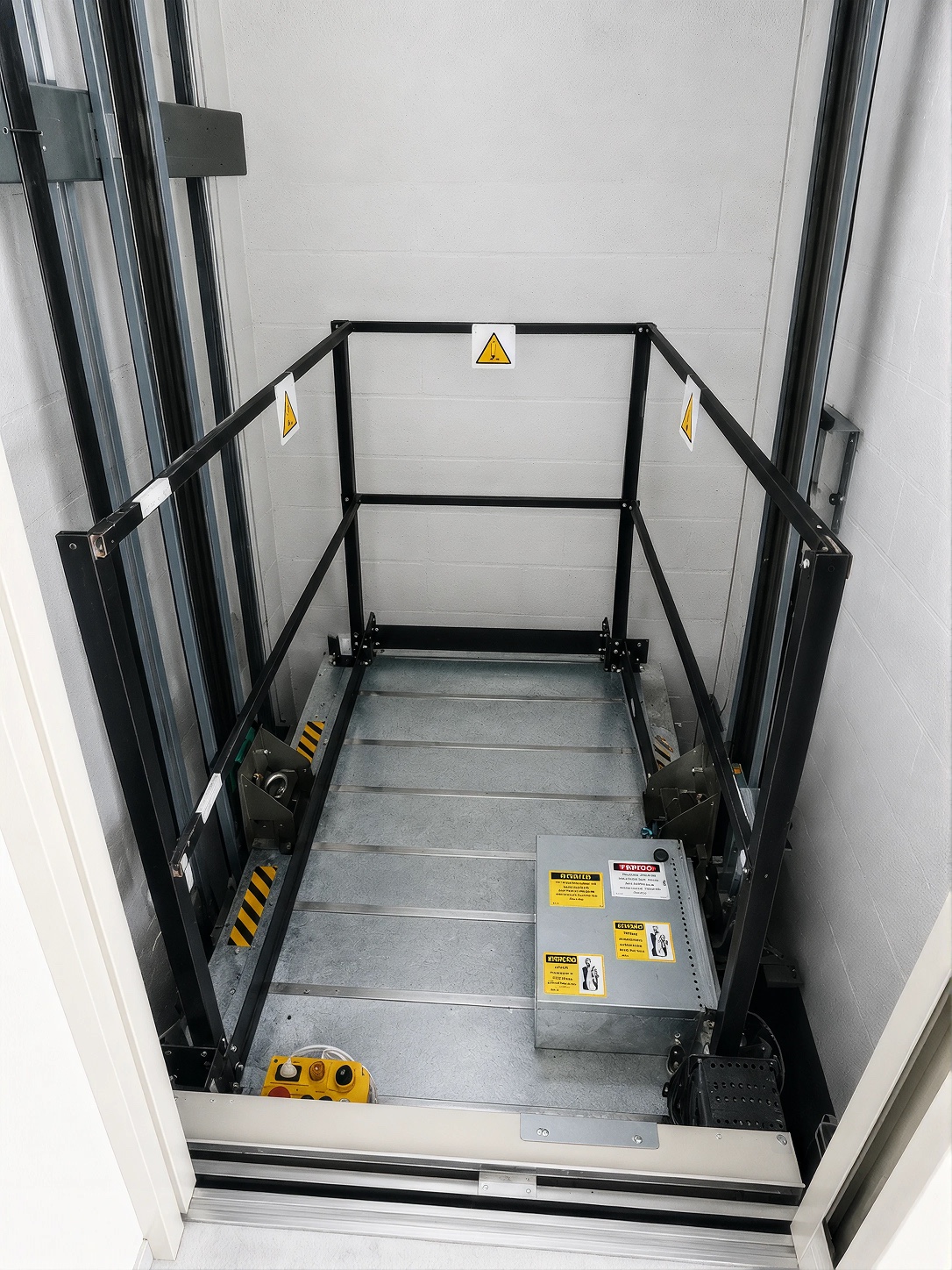 Interior da caixa do elevador aberto para inspeção técnica