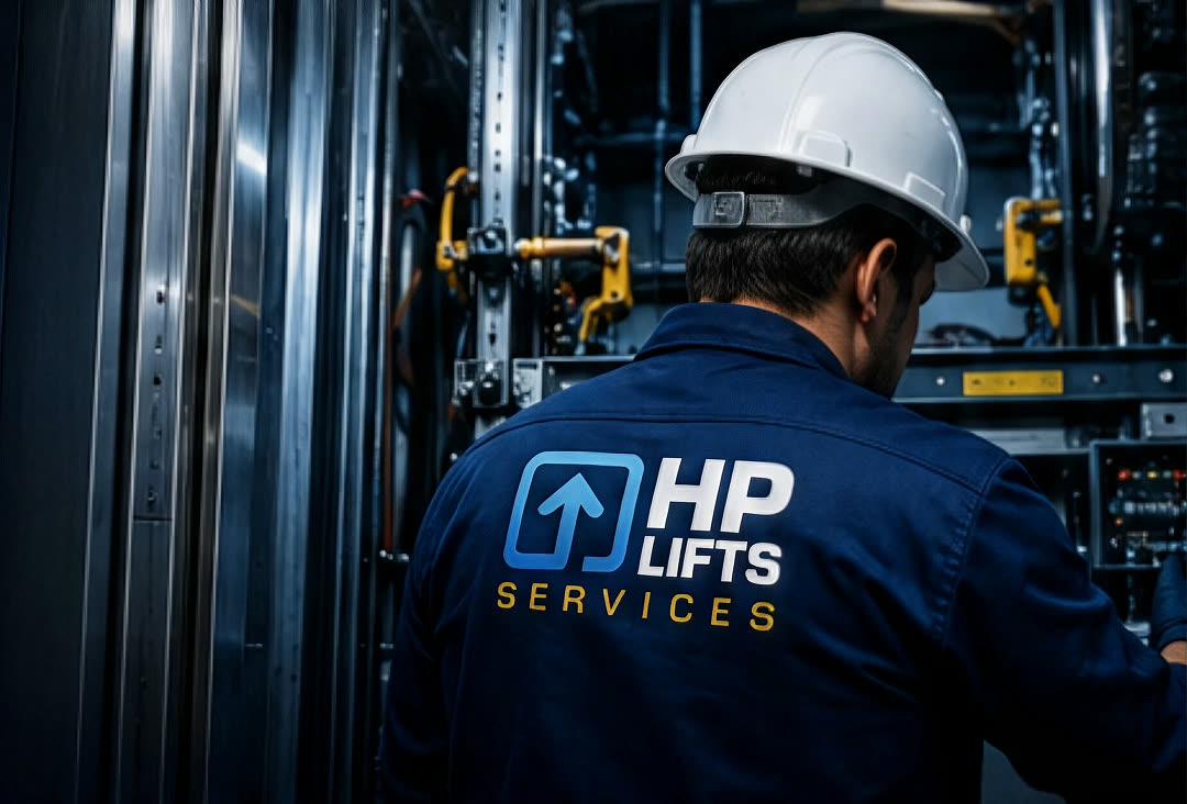 Técnico uniformizado da HP Lifts realizando inspeção em elevador