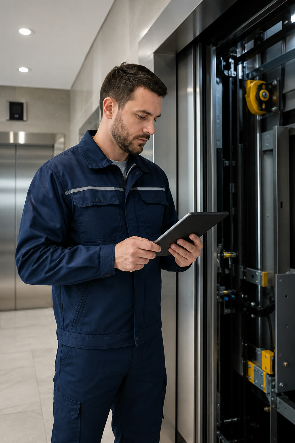 Técnico uniformizado registrando checklist digital de manutenção em elevador